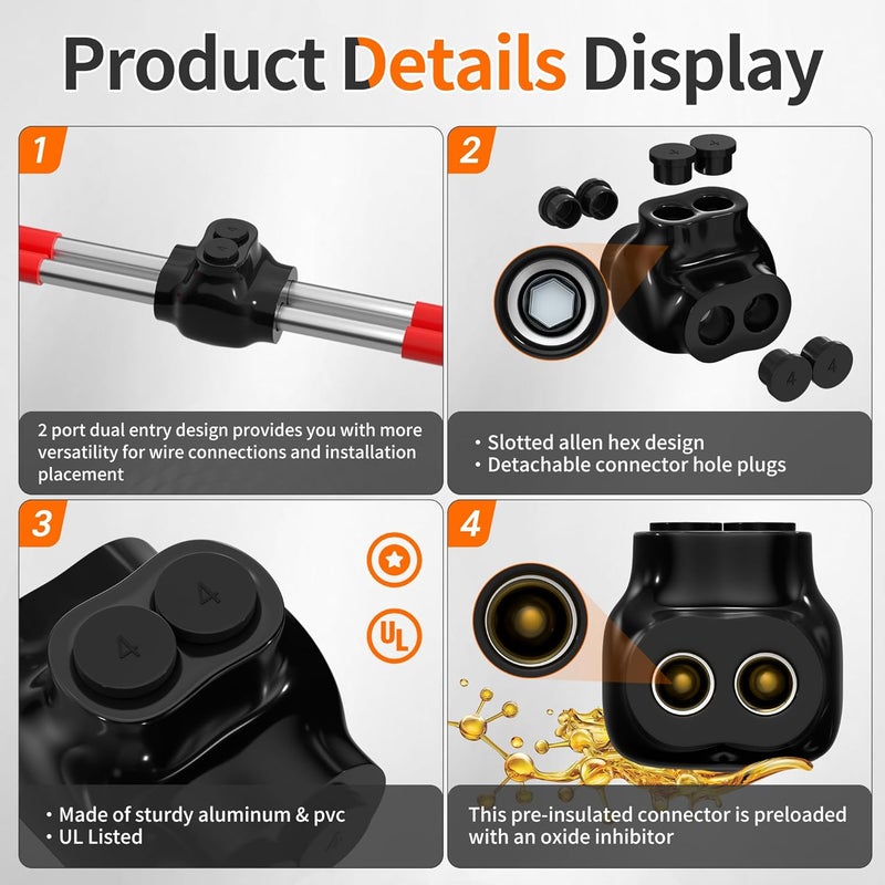 Joinfworld 2 Port Insulated Multi Tap Connector 4-14AWG Aluminum to Copper Wire Connectors Dual Entry Black Electrical Cable Connectors with Slotted Allen Hex - 6 Pack - Image 3